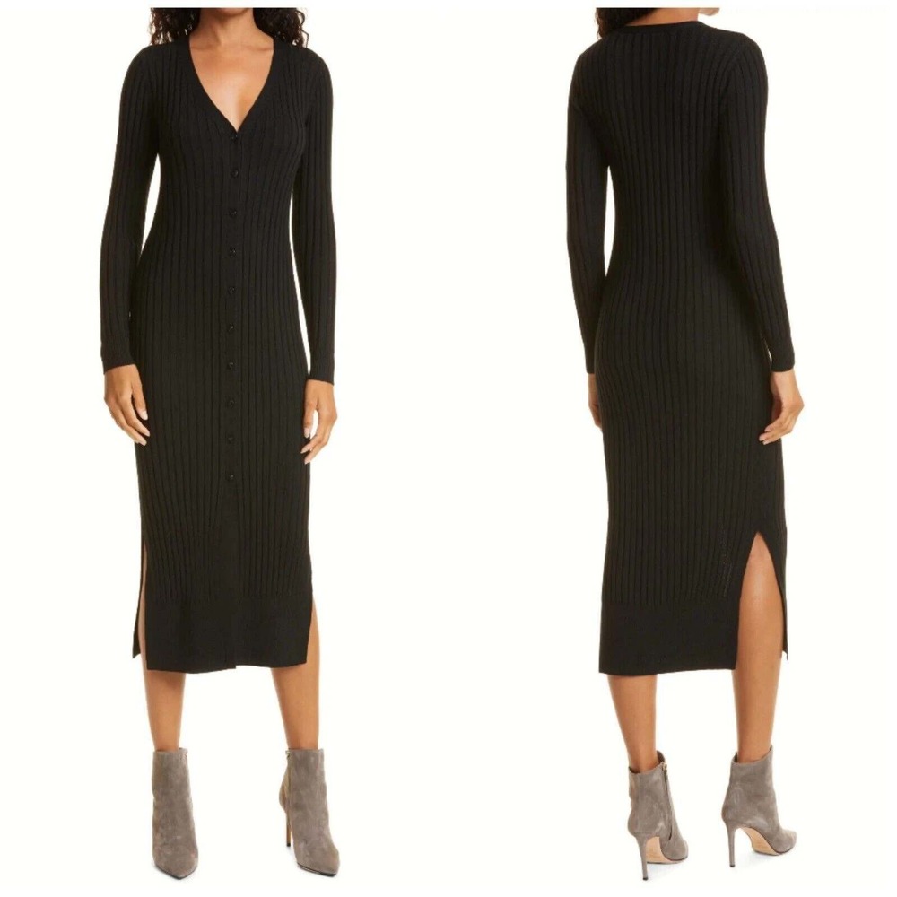 Club Monaco Dress Sz M‎ Black Ribbed V Neck 100% Wool Maxi Button Front Witchy